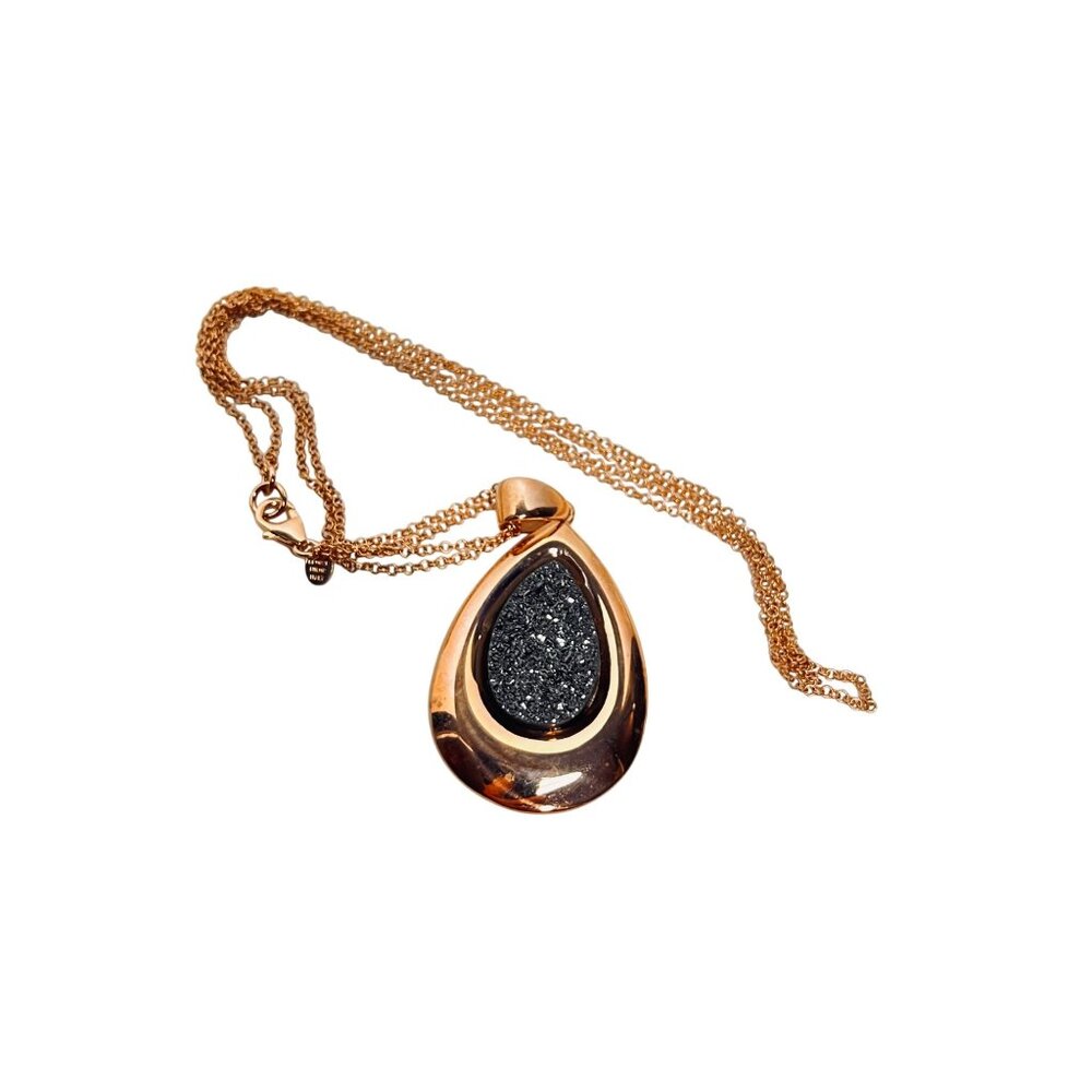 Bronzo Italia Rose Gold Tone Necklace With Black Druzy Teardrop Pendant (6292) - Picture 7 of 8